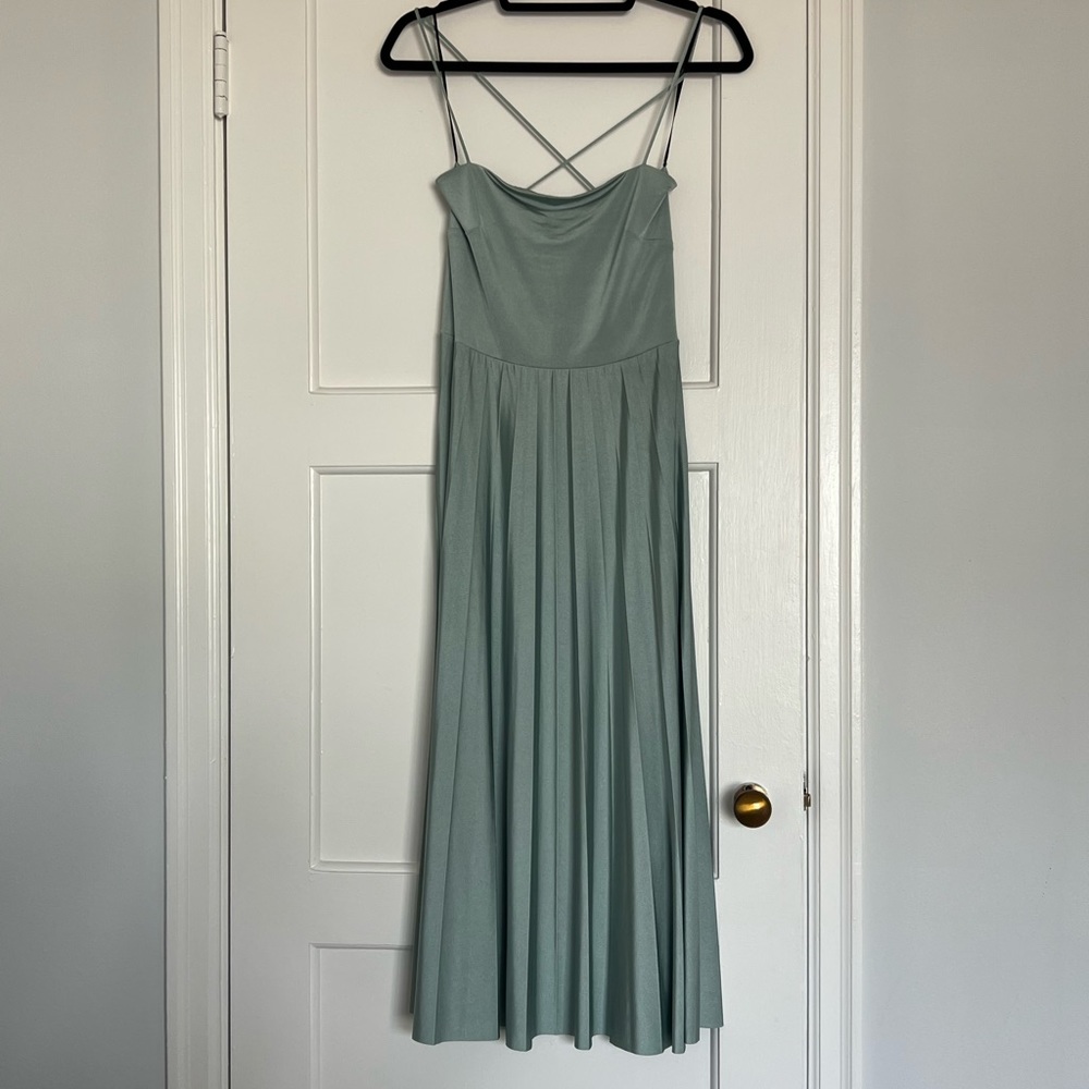 blue silk pleated midi dress size small